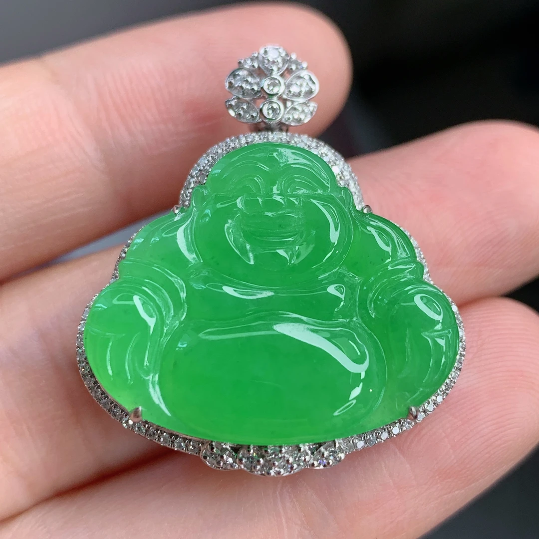天然缅甸A货翡翠冰种满绿弥勒佛镶嵌18K金吊坠女款时尚精美挂件01