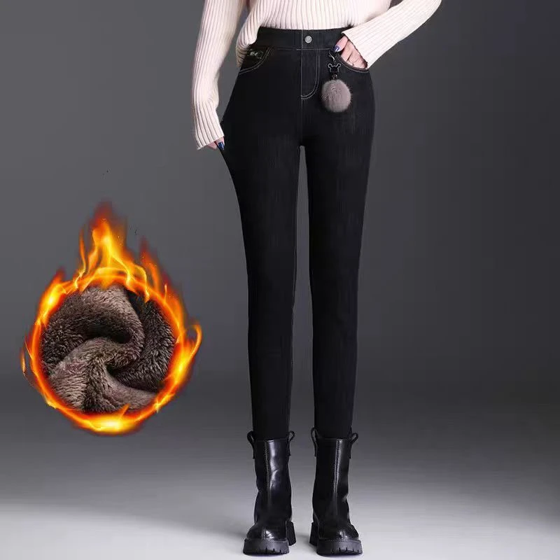 加绒保暖小脚牛仔裤女士冬季高腰弹力修身显瘦黑色铅笔裤#5811
