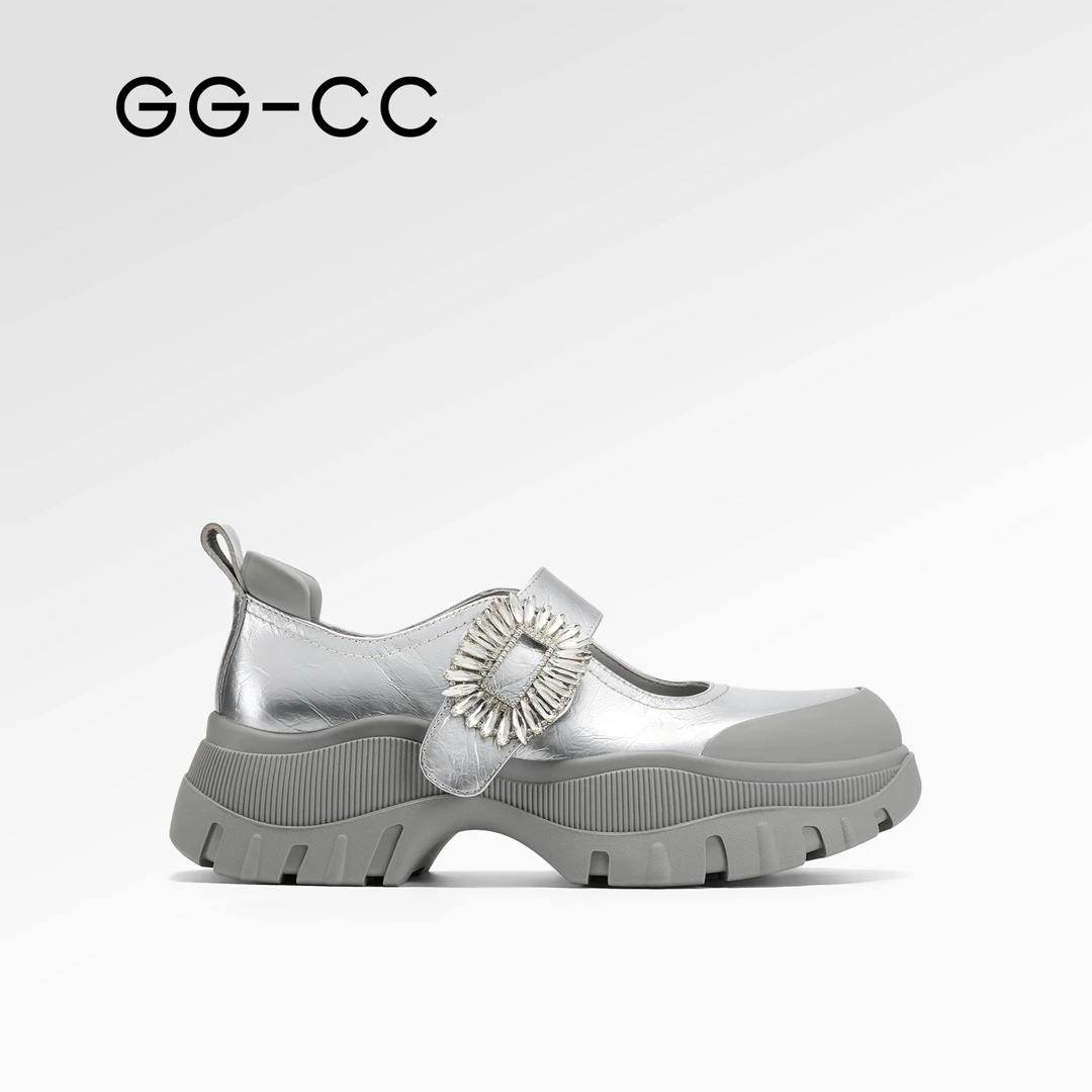 GG-CC【时空少女】2025春季新款时尚厚底银色真皮玛丽珍鞋3611