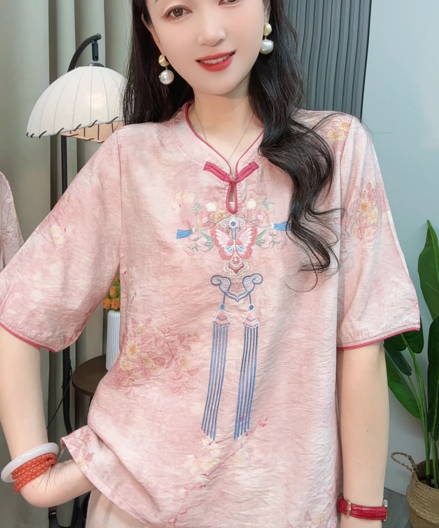 国风中老年女装新中式妈妈装夏季套装洋气时尚小衫刺绣上衣