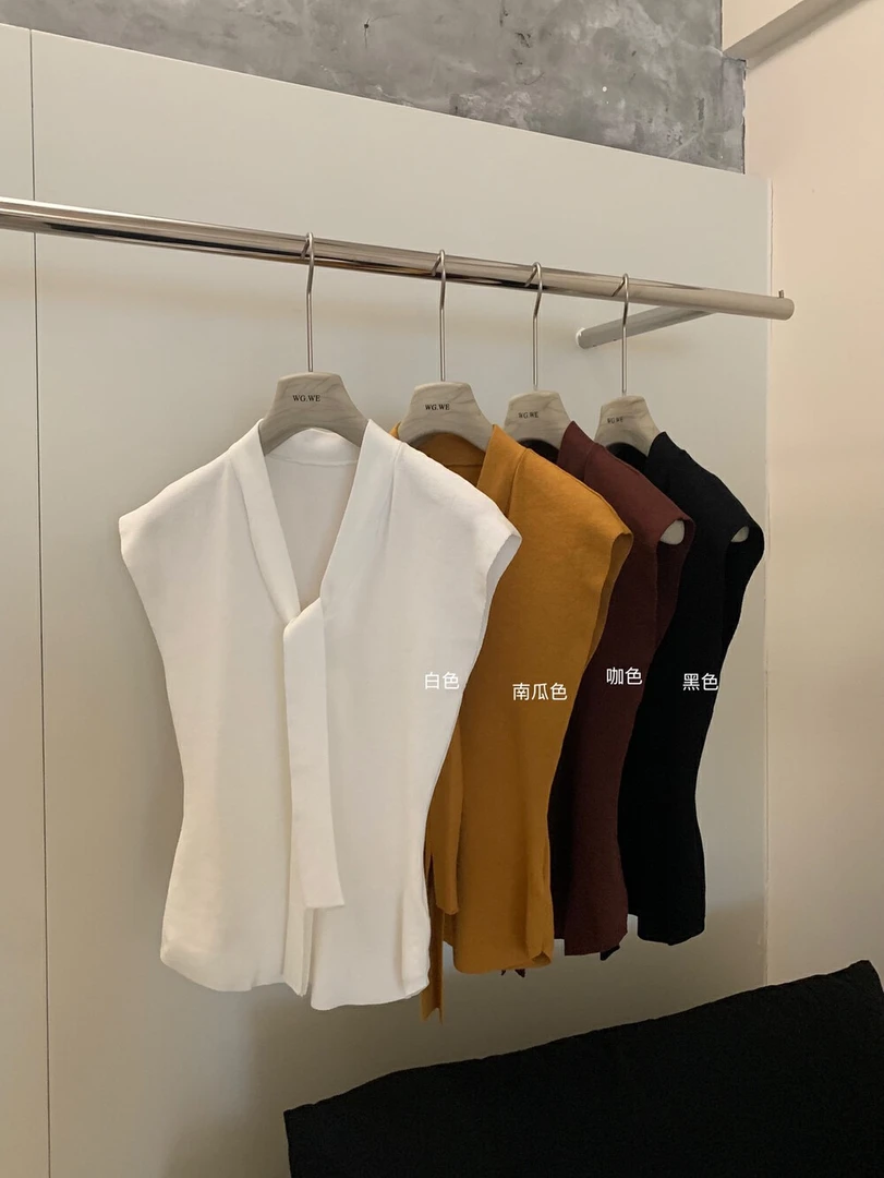 衬衫时尚上衣咖色无袖百搭坎肩毛针织衫V领网红蝴蝶常规外搭白色