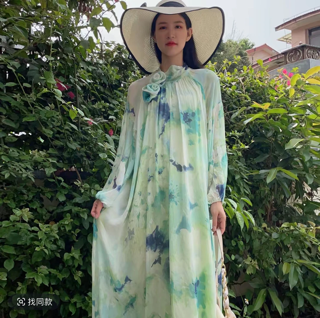 拜占庭的森林桑蚕丝连衣裙高端上档次贵夫人时尚印花轻奢气质长裙