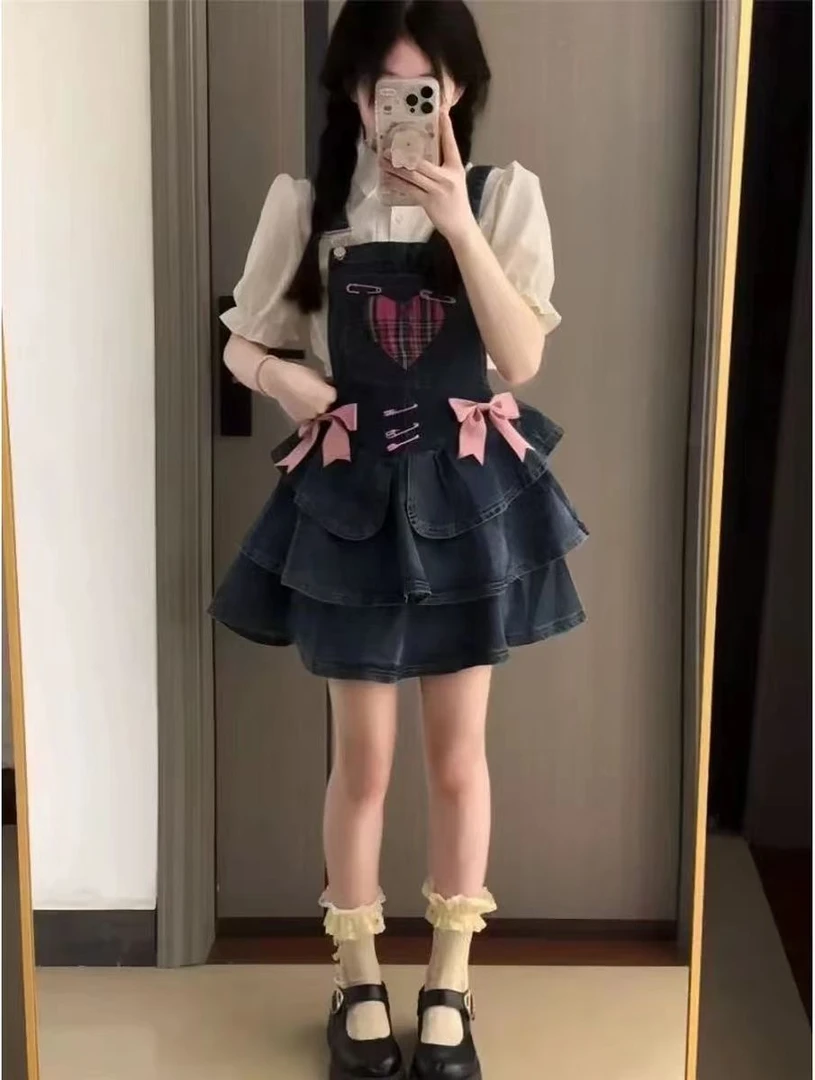 大码胖MM多巴胺少女学院风高腰女仔裙泡泡袖显瘦衬衫欧若风套装