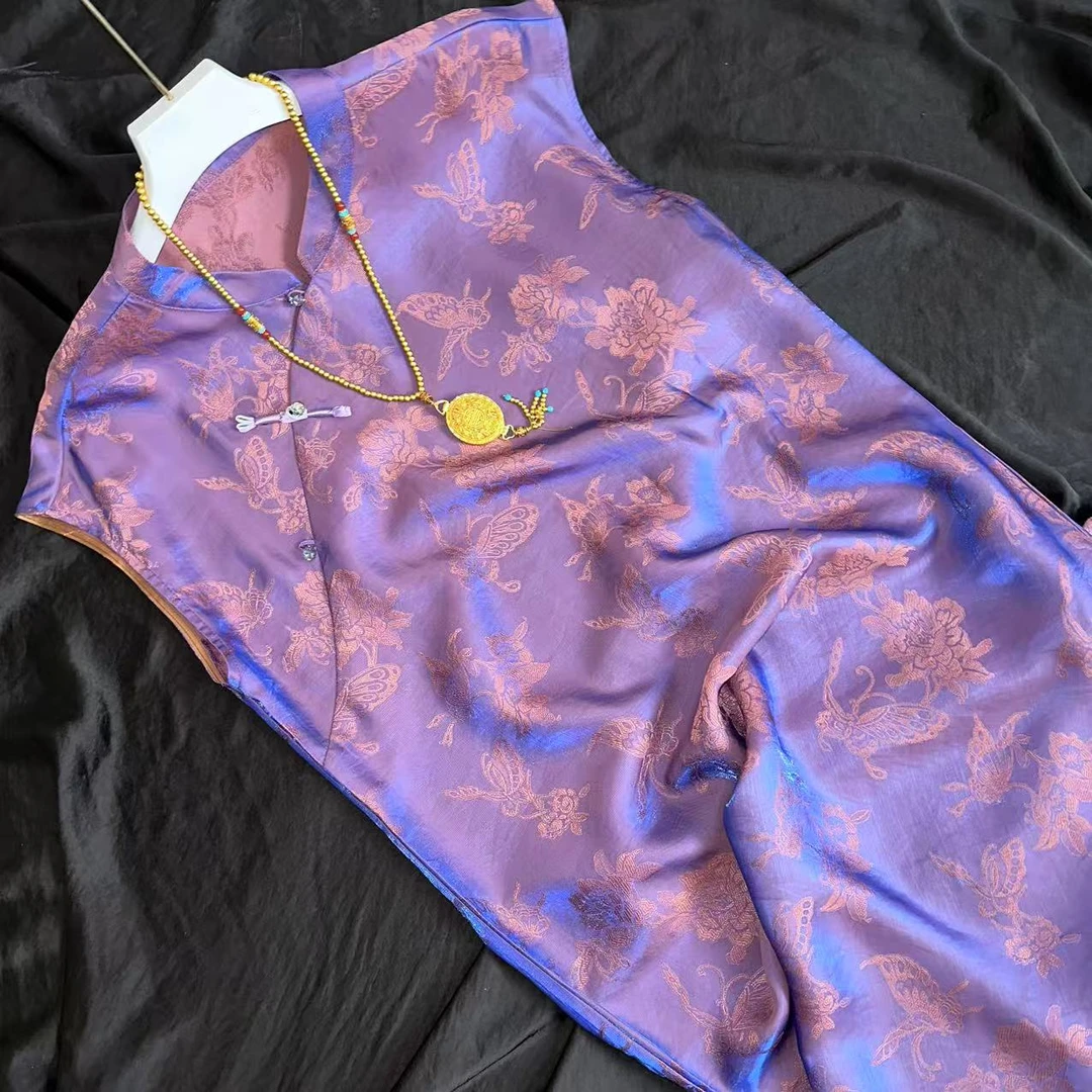 0310-常熟新中式夏季新款【水仙】无袖浮光锦中长款气质连衣裙