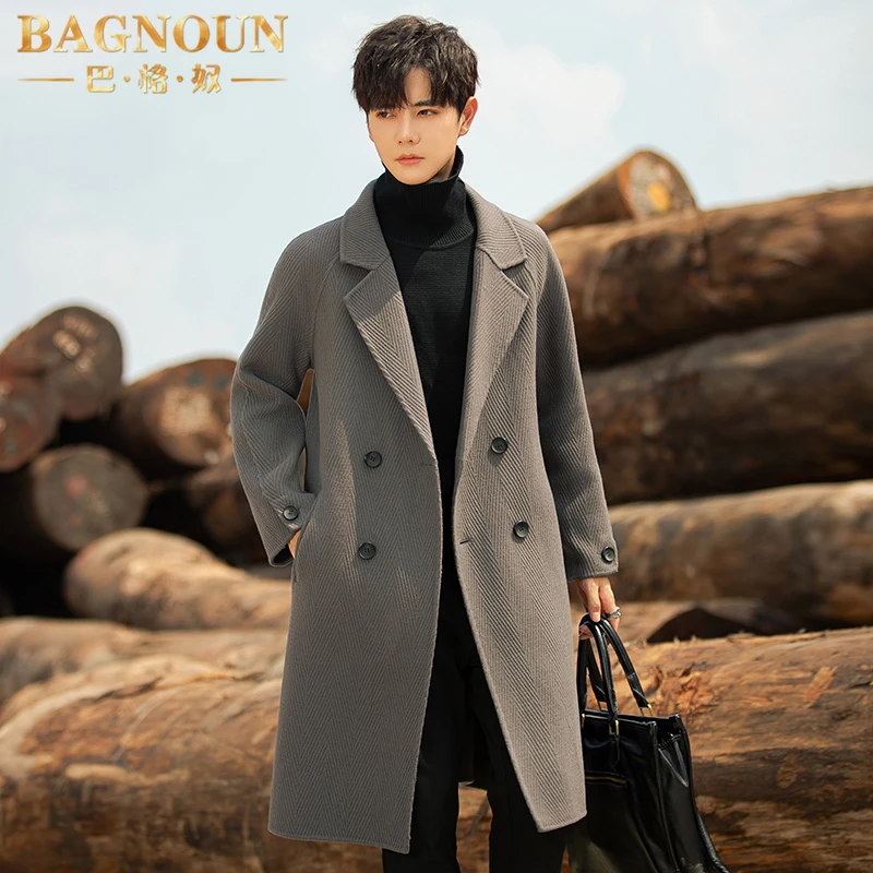 巴格奴毛呢大衣男士冬季新款时尚轻奢斜纹双面羊毛呢子加厚潮外套