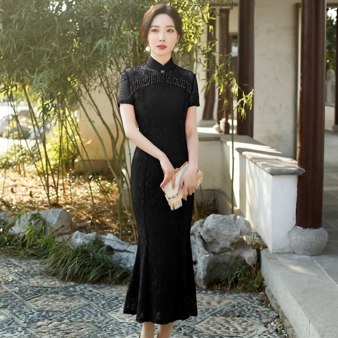 【心懂旗—鱼跃】纯色重工七片黑色软蕾丝手工钉珠不开叉鱼尾旗袍裙