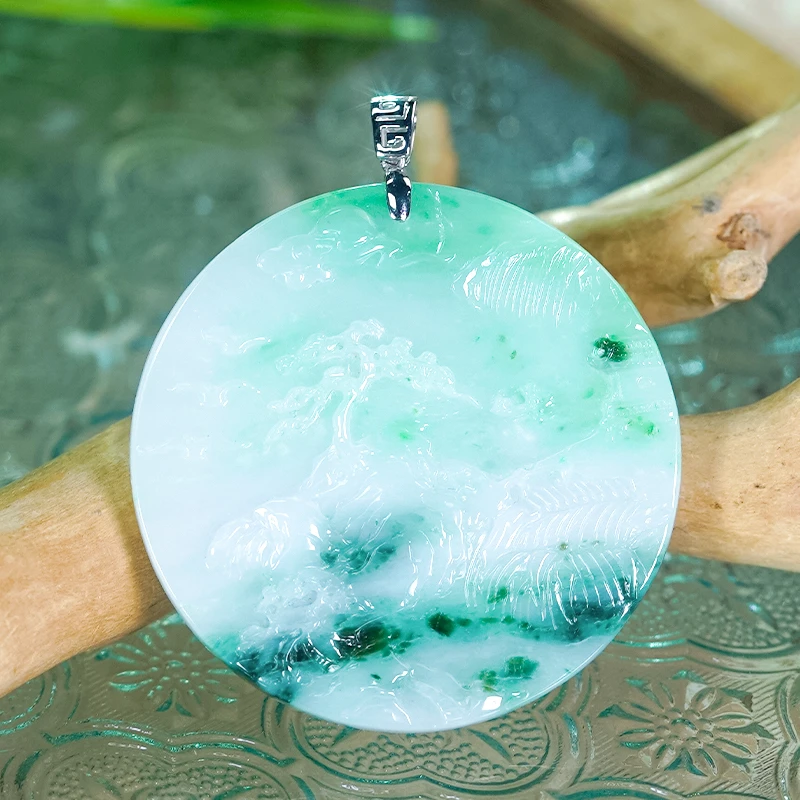 18K金镶玉大气精雕回纹扣天然阳绿翡翠A货山水牌圆牌单吊坠父亲节
