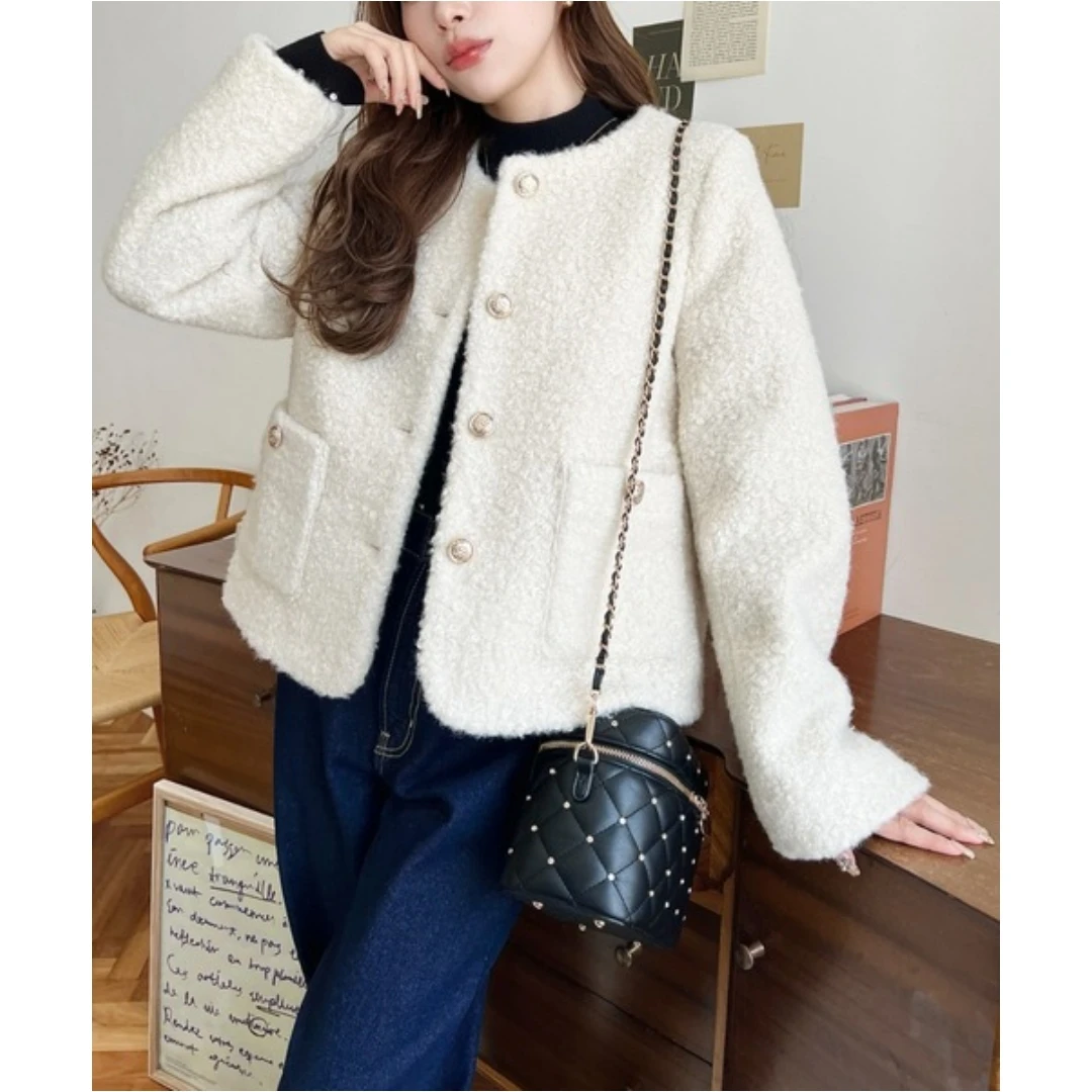 【Montendre】 秋季新款 M 气质甜美圆领单排扣简约毛绒短外套