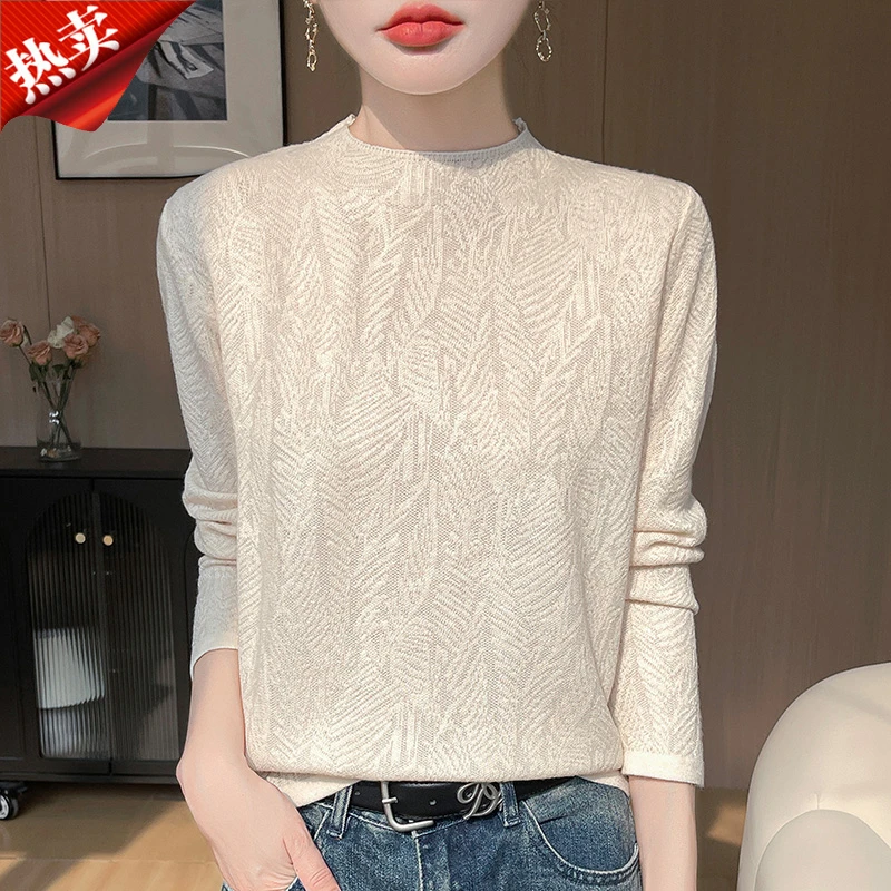 哥弟阿玛施正品重工蕾丝提花镂空长袖针织衫半高领内搭打底衫上衣