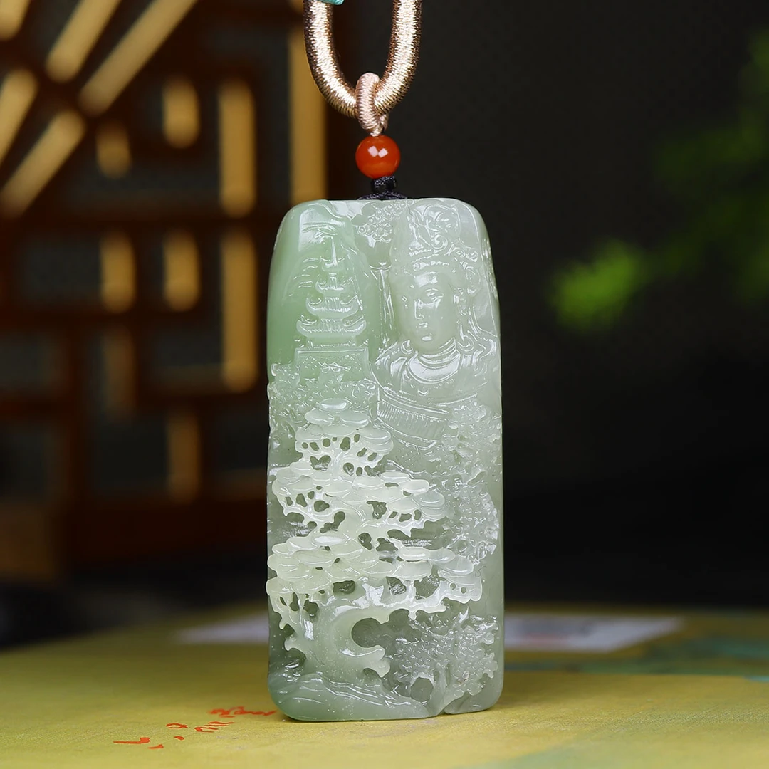 1110105和田玉翠青观音挂件