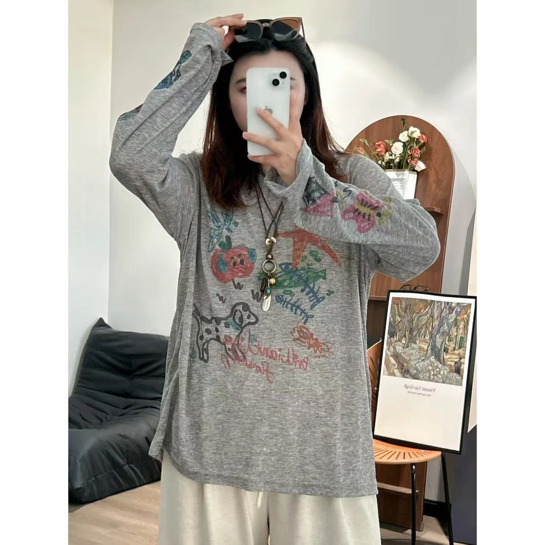 【咔咔】狗狗心事-常规长袖防晒印花慵懒风T恤百搭秋季女士K0362