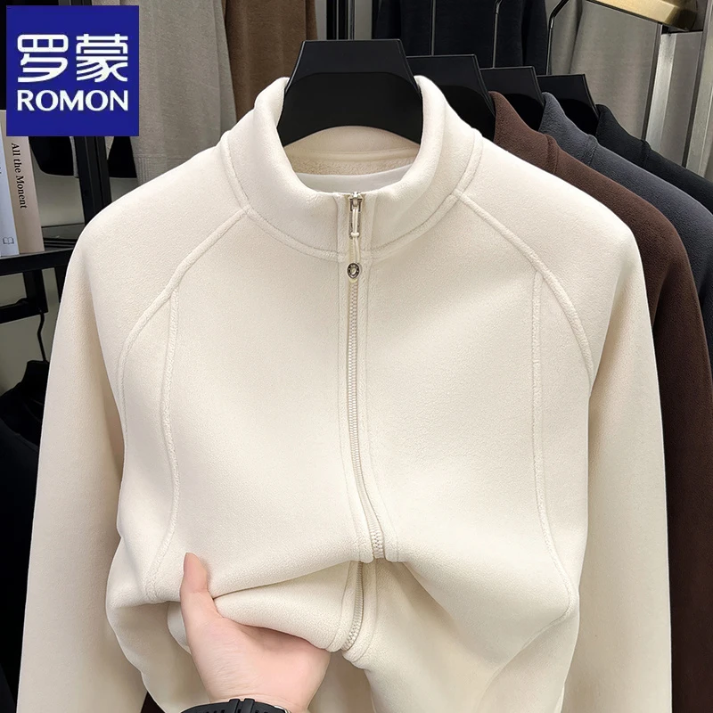 罗蒙休闲纯色立领摇粒绒卫衣开衫秋冬季柔软百搭中青年加厚抓绒衣