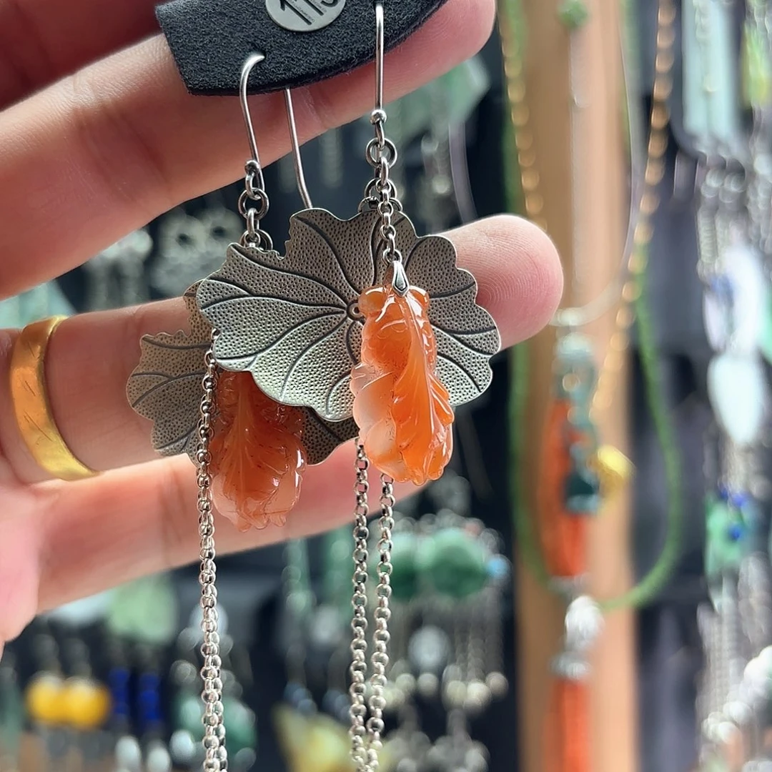 南红玛瑙银S925镶嵌耳饰?**?