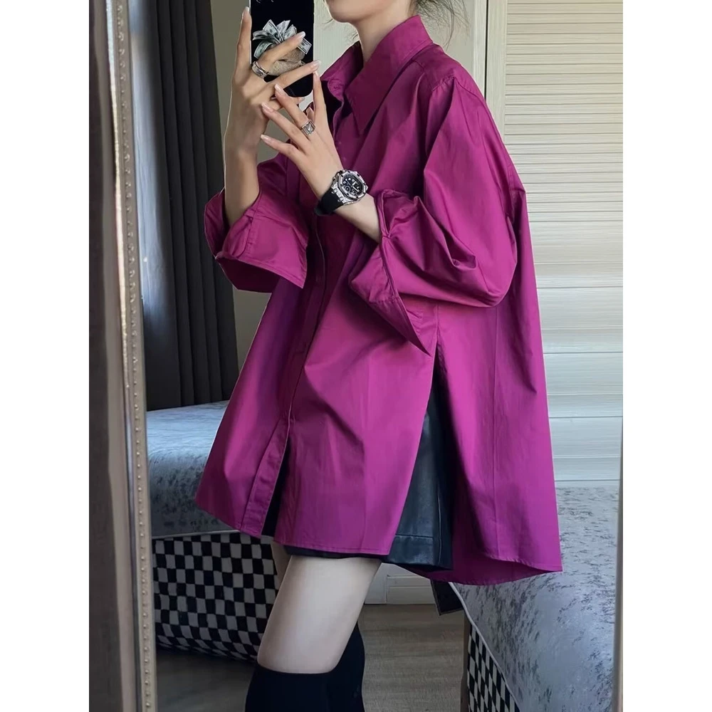 高级感轻奢玫红色衬衫上衣女设计感小众春秋独特别致宽松外套
