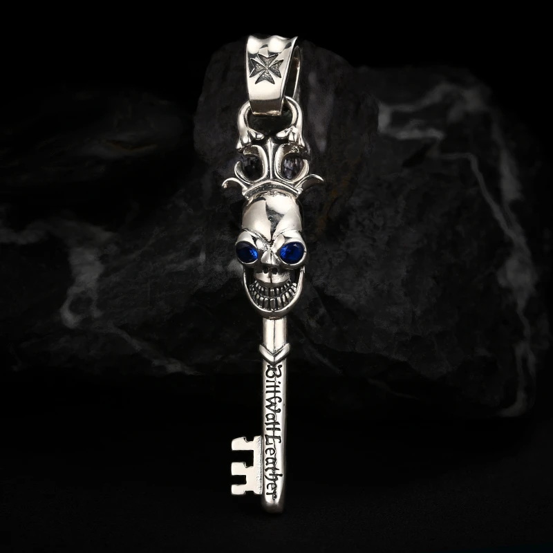 吊坠925银 气质复古蓝锆骷髅钥匙吊坠 百搭项链流行挂坠