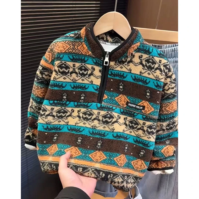 儿童加绒卫衣立领双面绒保暖韩版休闲上衣多巴胺风格衣服小孩5558