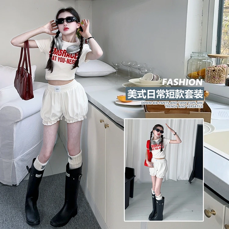 女童印花短袖时尚花苞短裤两件套2025夏季女童中大童