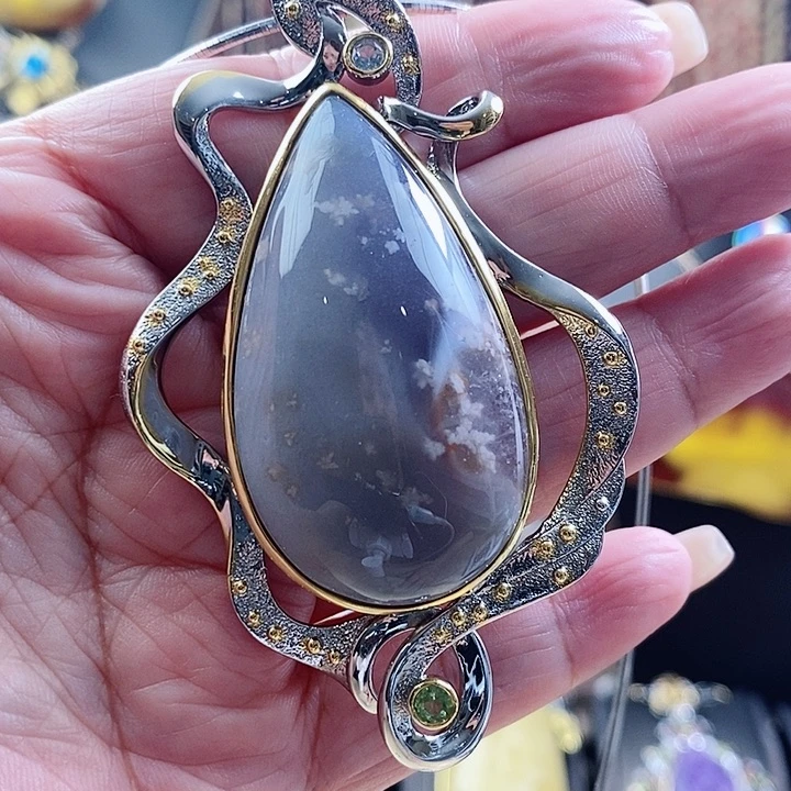 银S925镶嵌颈饰玛瑙/玉髓樱花玛瑙吊坠