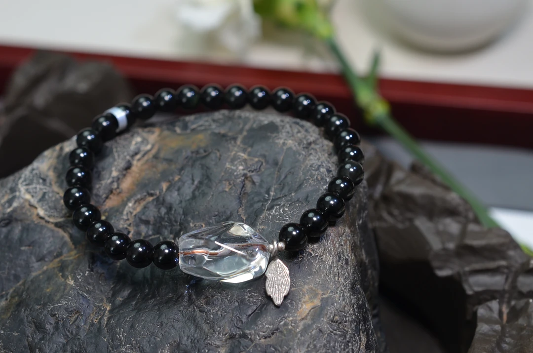 NO.18.1 天然黑曜石水晶单圈手链 白水晶S925银树叶子手串男女6MM