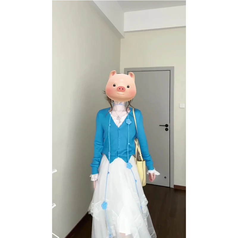 春季新款韩系穿搭高级气质蓝色薄款针织开衫女不规则半身长裙套装