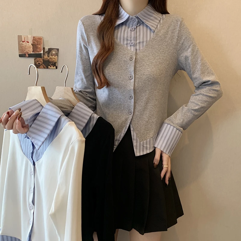 【珺主老师精选】2025春装新款女假两件条纹拼接修身上衣衬衣T恤