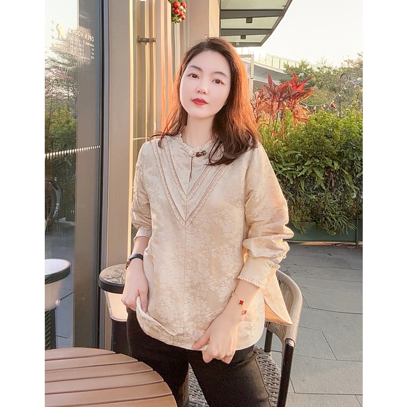 杏色国风上衣丝麻提花2025年中式早秋爆款复古杏色唐装汉服