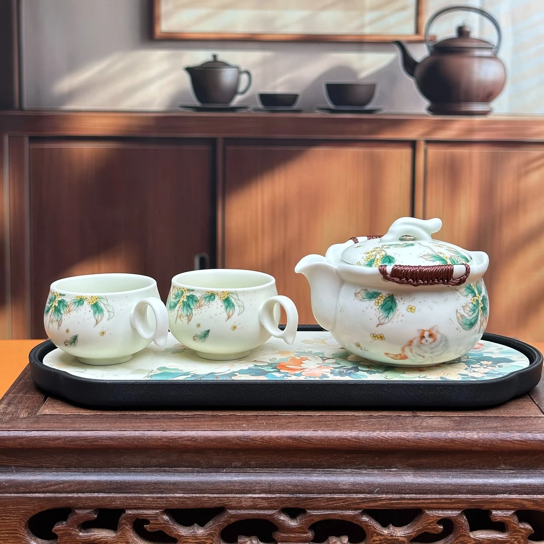 ZH3402-汝窑猫咪手抓壶+2个咖啡杯+-牡丹纯白茶盘