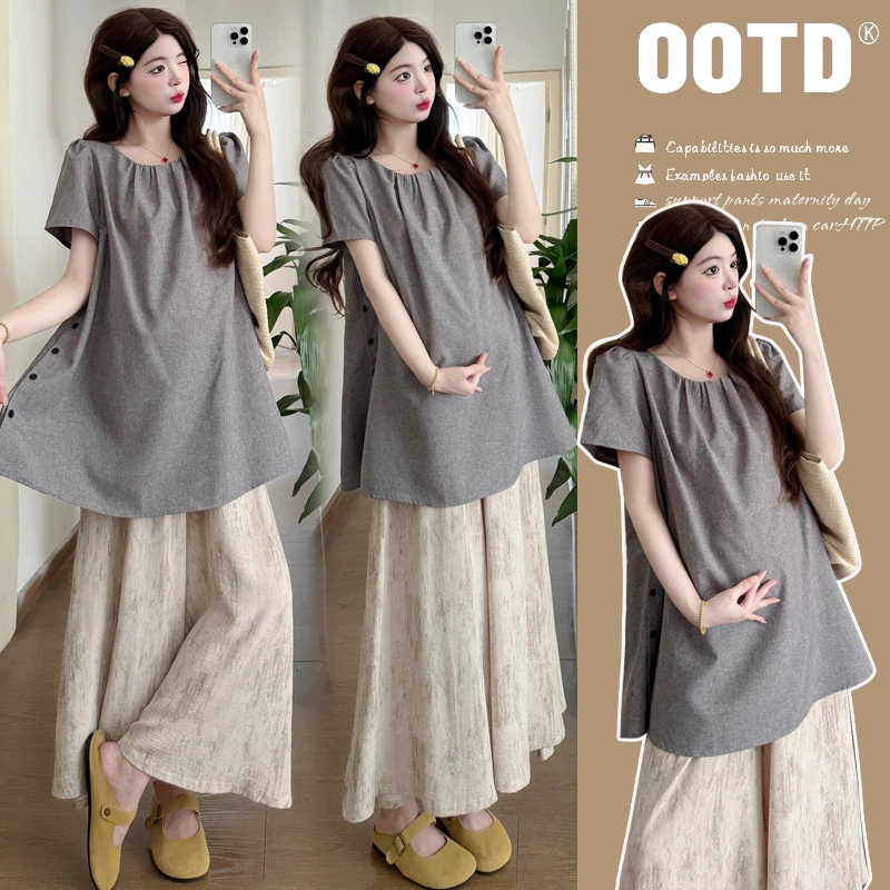 孕妇装2025夏季新款休闲宽松气质显瘦通勤温柔上衣阔腿裤两件套
