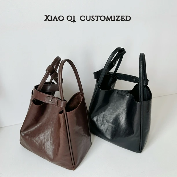 Xiao Qi头层水晶植鞣牛皮水桶包个性复古菜篮子包单肩斜挎手提包