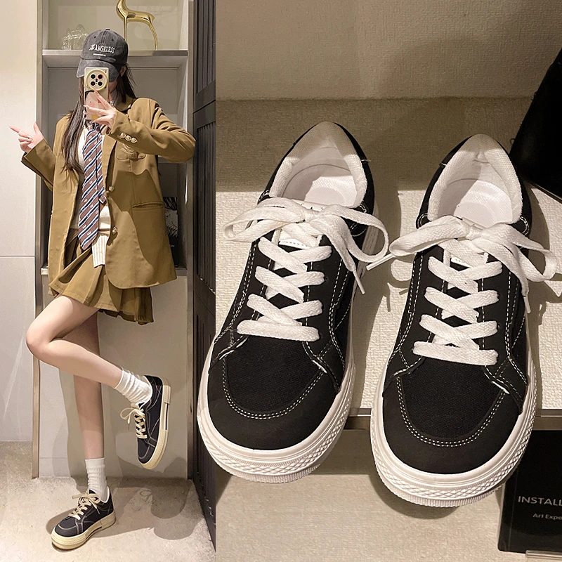 平底运动系带休闲单鞋韩版学生厚款时尚板鞋前系带ins帆布鞋