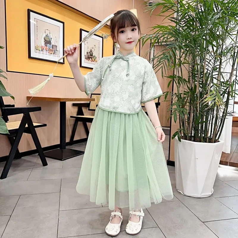 女童半身裙汉服复古民族唐装新中式中国风套装古风文艺国风两件套