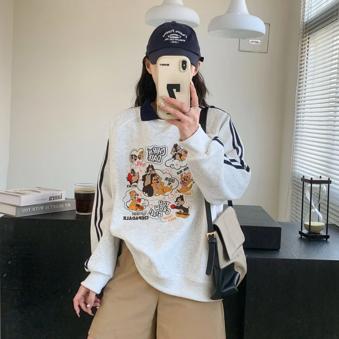 polo翻领侧拉条卫衣女2025春季新款假两件长袖韩版松鼠宽松上衣