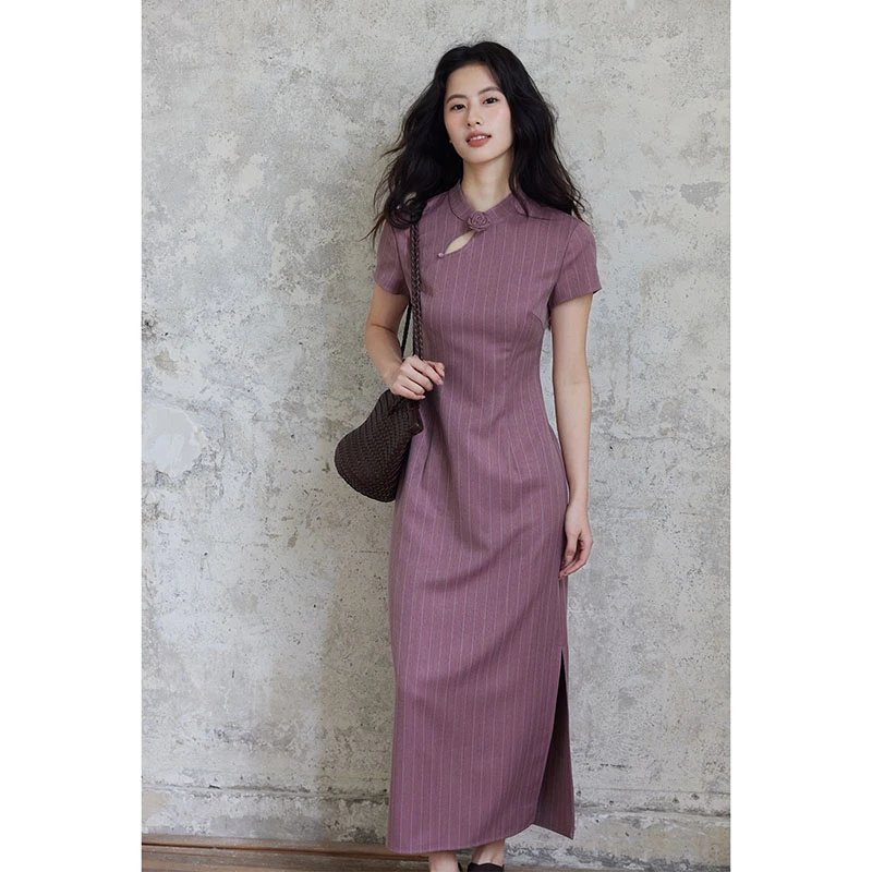 贰羊设计【温芷】新中式国风条纹旗袍连衣裙修身气质