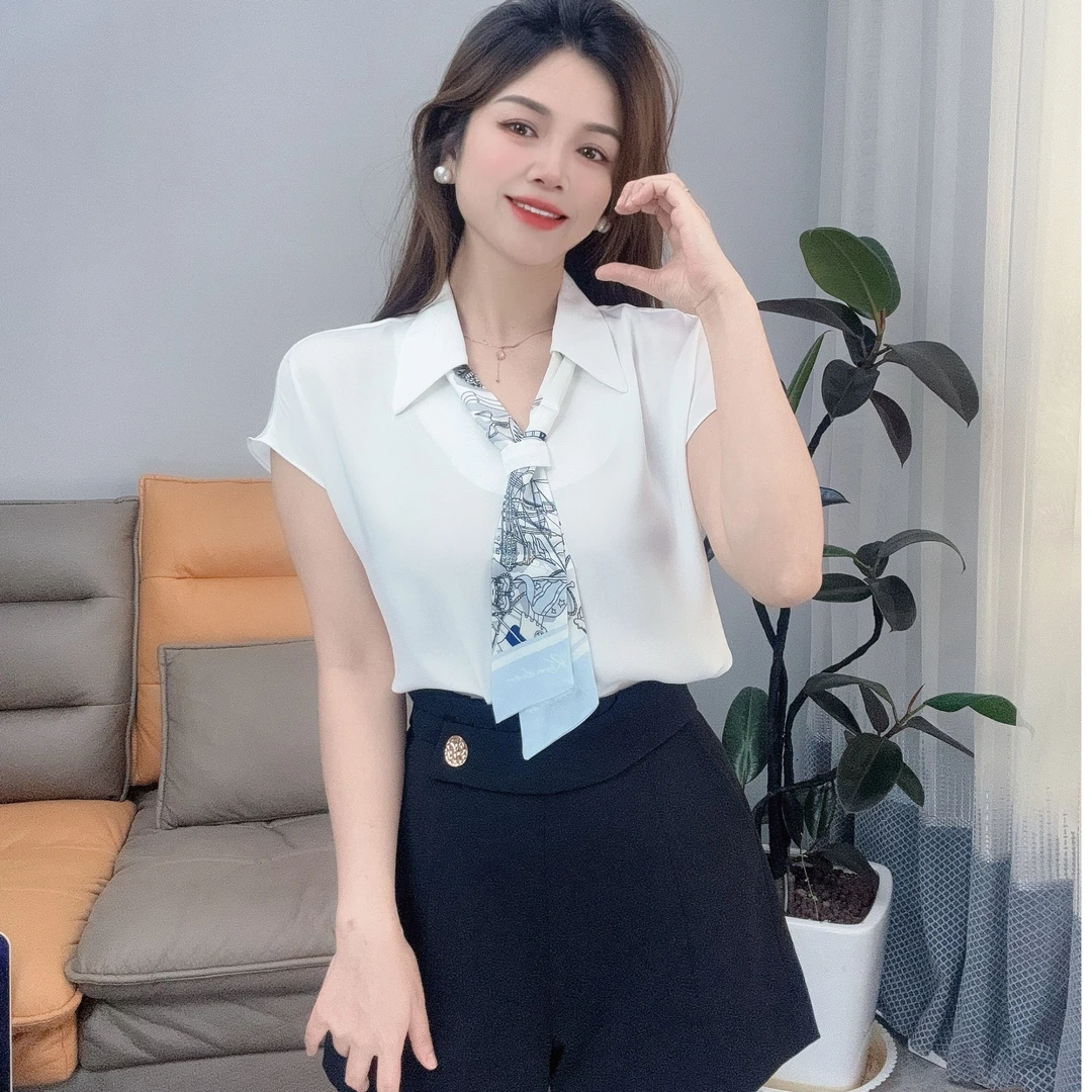 【艾美日记】时尚气质显瘦减龄百搭夏季设计感轻奢丝巾衬衫