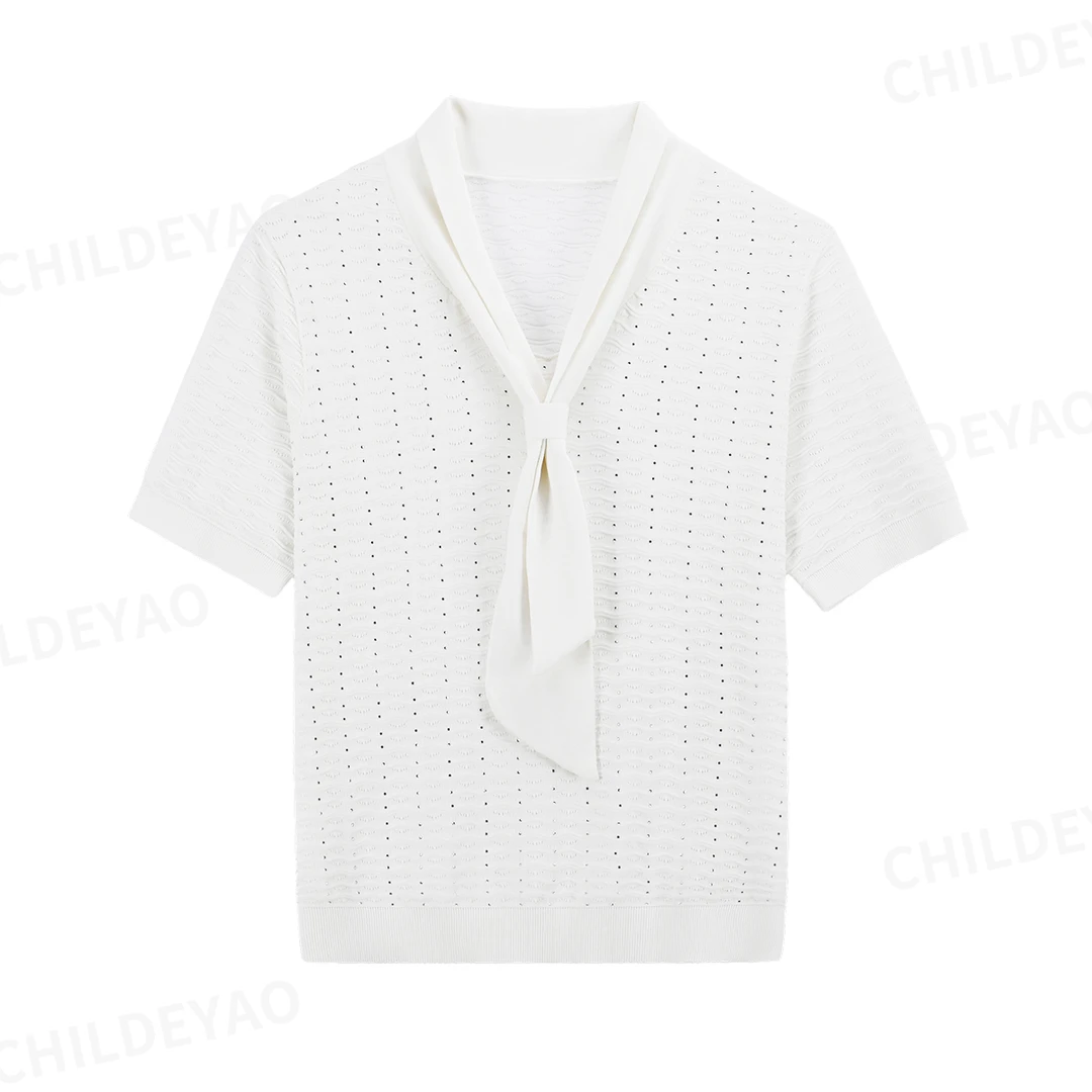 『满天星』V领飘带烫钻挑孔工艺短袖针织上衣A4202