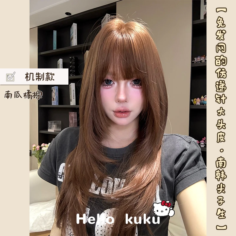 kuku【免发网的仿递针大头皮·南韩尖子生】高层次自然女全头套假发