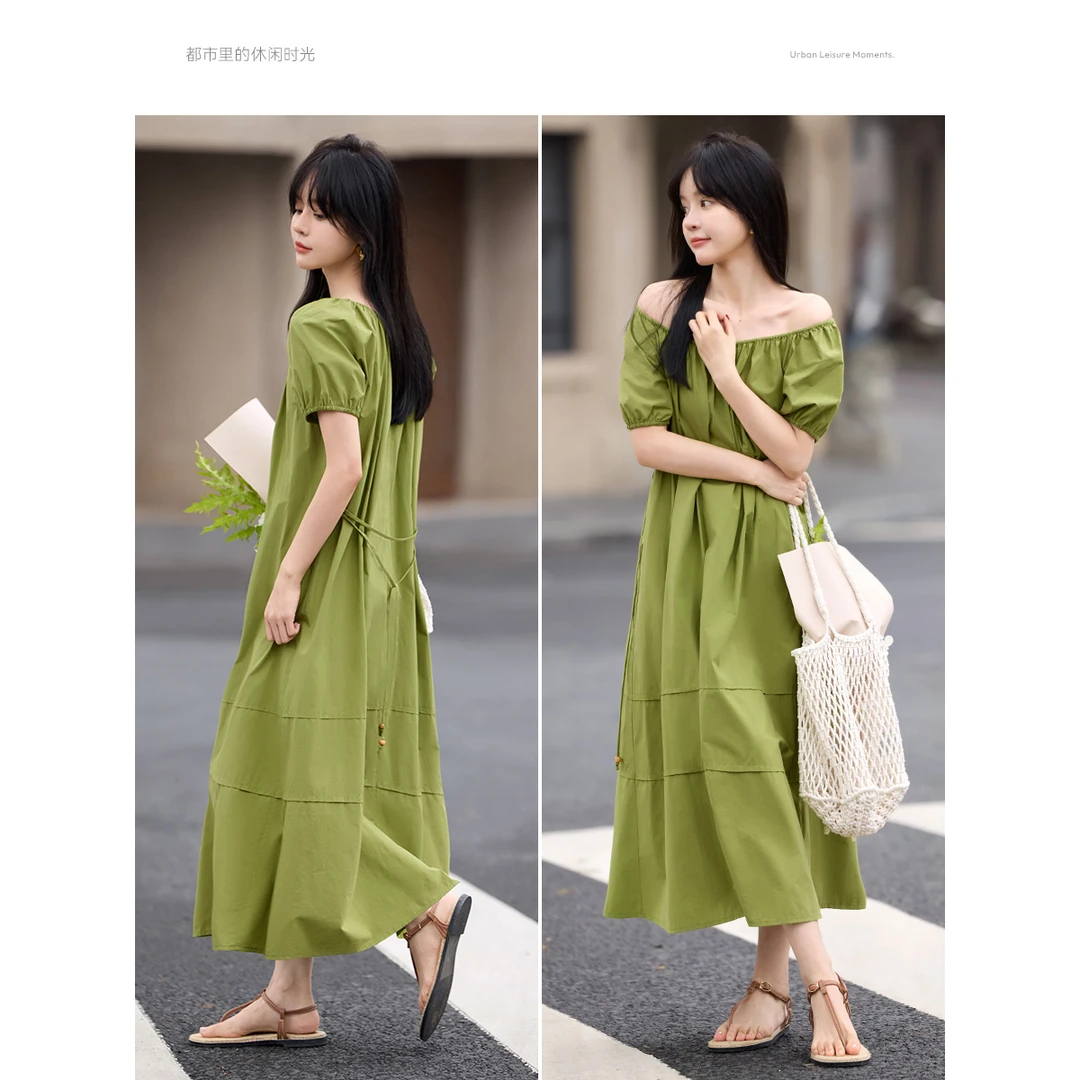 沫晗依美度假风串珠连衣裙2025秋季新款法式泡泡袖圆领连衣裙1546