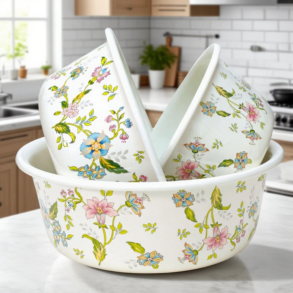 【七喜】24-28-32cm卷边盆三件套白边芳香花高颜值搪瓷洗菜盆和面盆