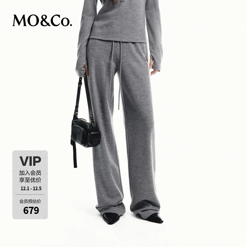MOCO秋100%绵羊毛松紧腰宽松长直筒休闲裤MBD3PATT01