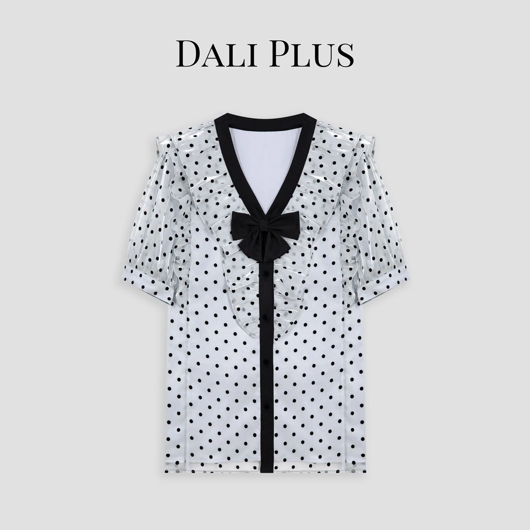 DALI PLUS原创百搭法式蓝波点设计感印花短袖衬衫-D5ST1068