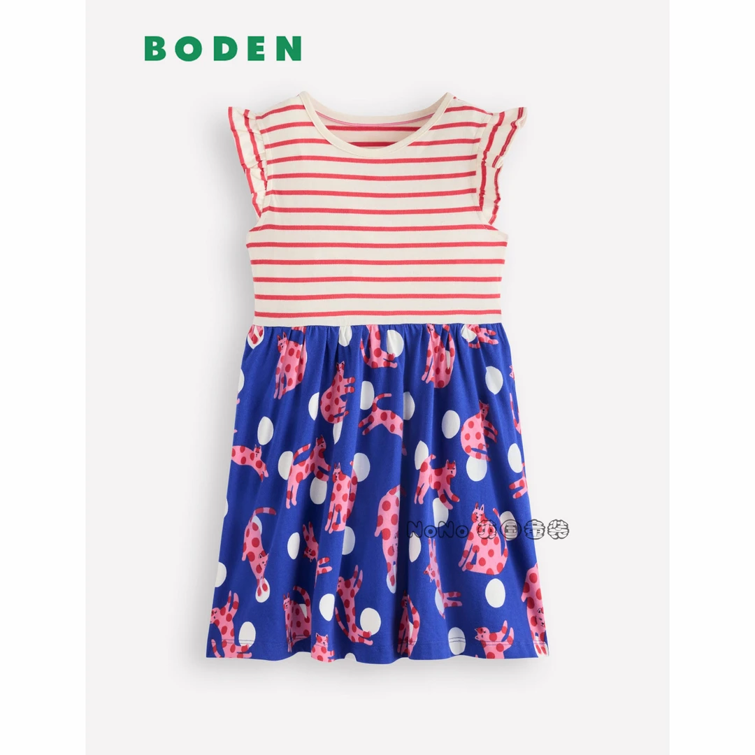 现货英国Boden正品女童25新款蓝粉色猫咪短袖连衣裙纯棉G5178-MBL