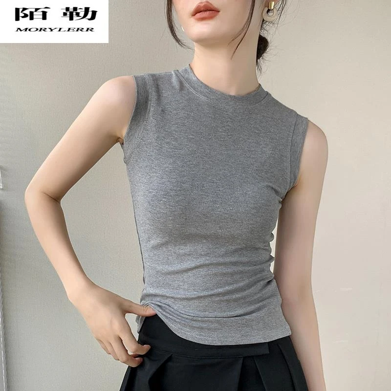 陌勒灰色背心打底衫女2025春季圆领修身无袖T恤遮副乳西装内搭上