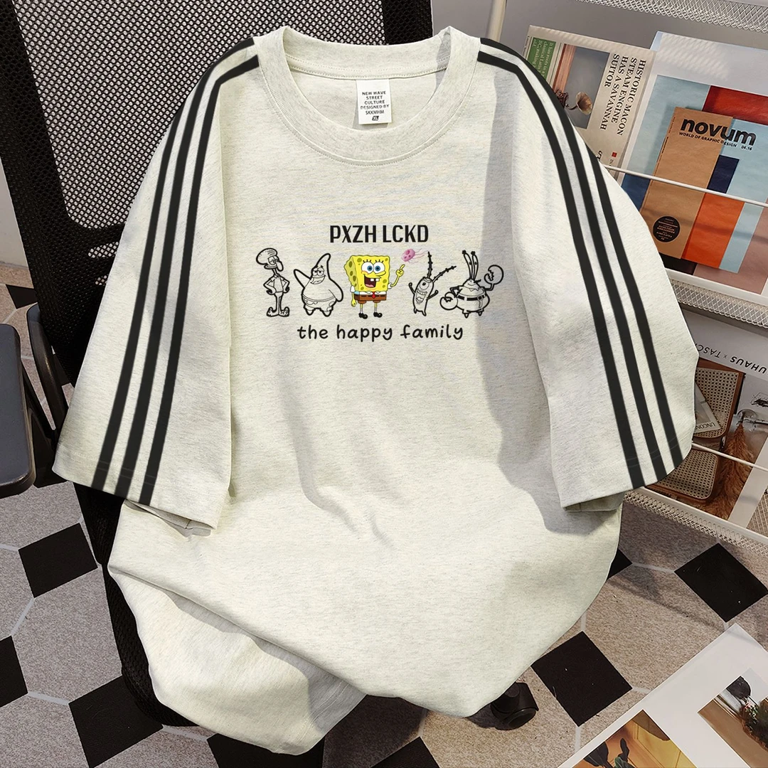 100%纯棉海绵宝宝卡通字母三条杠短袖t恤女夏季休闲可爱情侣上衣