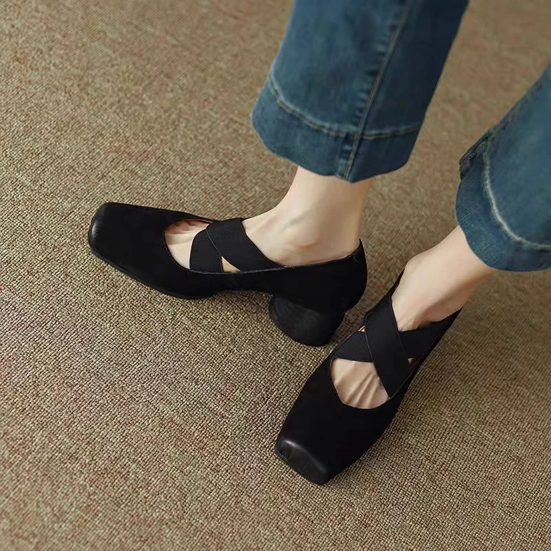 夏季新款马皮粗跟交叉绑带皮鞋芭蕾舞鞋软底舒服MX3332