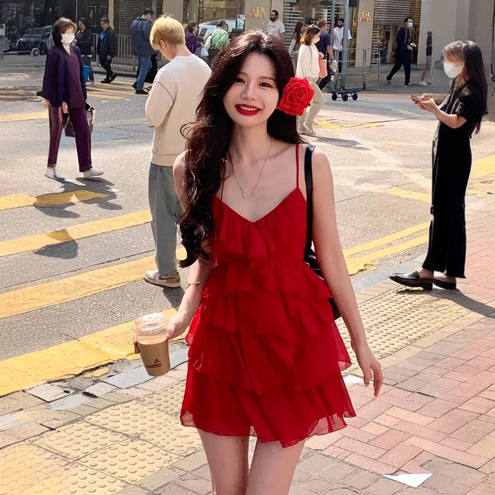 纯欲风荷叶边吊带连衣裙女夏季新款设计感小众收腰显瘦a字短裙子