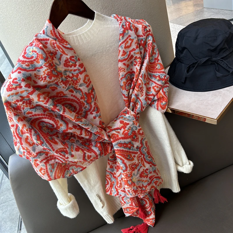 Miss both丝巾女夏季印花围巾百搭薄纱巾红色流苏沙滩巾防晒披肩