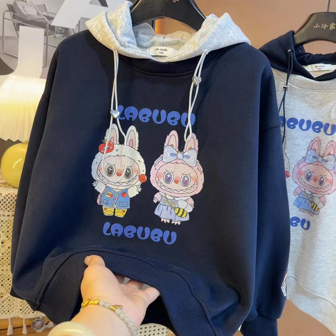新款2025秋季新款印花中大童拉布卡通连帽拼色休闲韩系卫衣9512