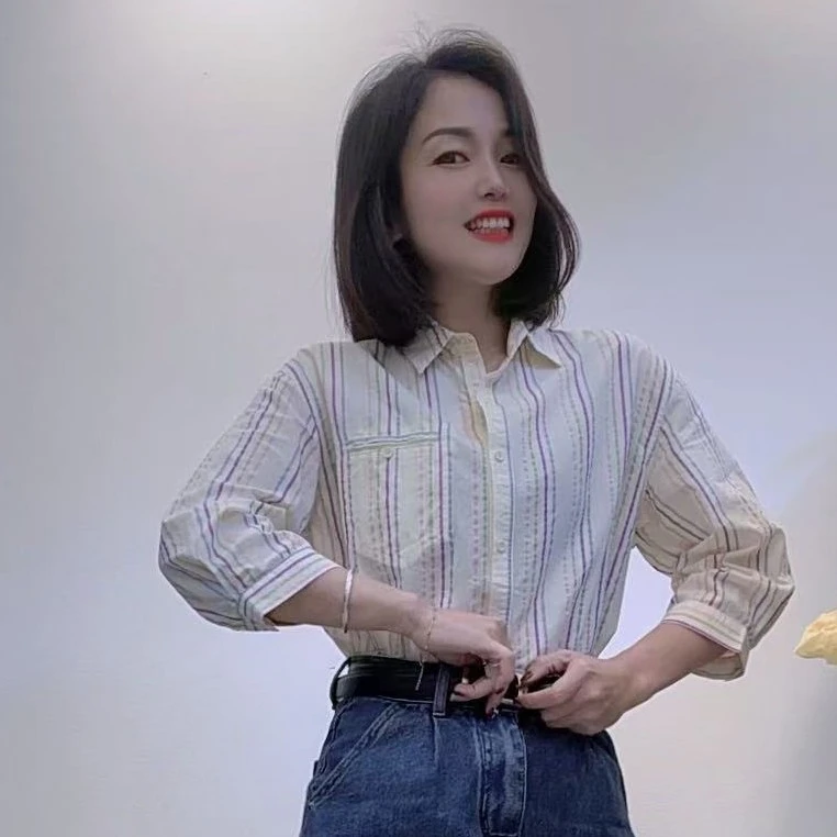 简约百搭条纹中袖衬衫女春夏宽松休闲时尚上衣