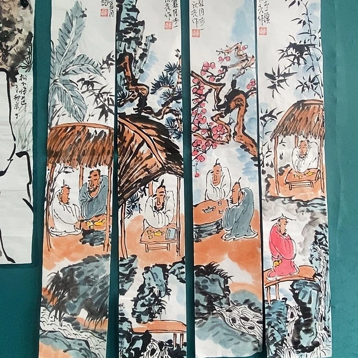 国画手绘人物四条屏