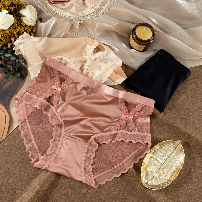 【琪宝专属】法式缎面性感蕾丝女士内裤女无痕中高腰夏季舒适三角裤